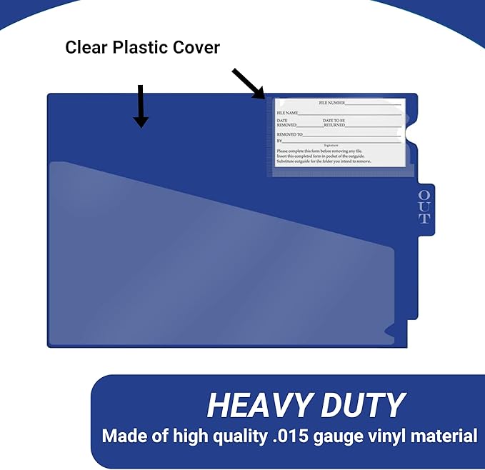 Doctor Stuff - Center Tab Vinyl Out Guides, Diagonal Cut Front Pocket, Top Charge Out Slip Pocket, Plastic File Folder, Letter Size 9" x 13-1/4", Navy, 100/Box
