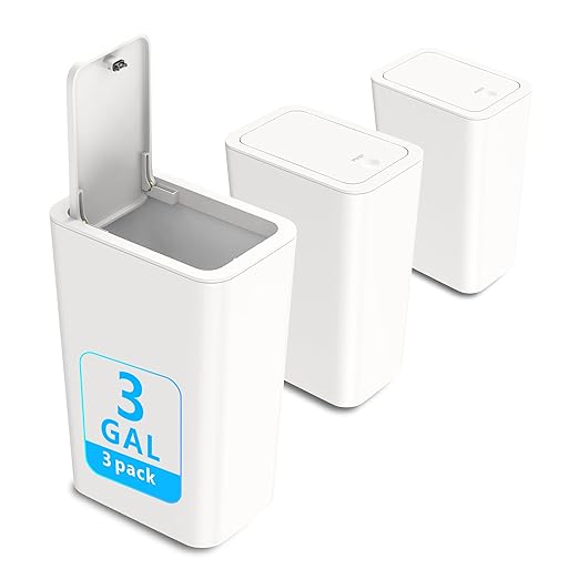 N. NETDOT 3 Pack Small Trash Can with lid, 3 Gallon Bathroom Trash Can,Garbage Can Slim Trash Bin Waste Basket for Bathroom,Kitchen,Bedroom,Living Room,Office,Laundry - Off White