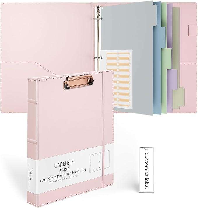 Ospelelf Vintage Hardcover 3 Ring 1 inch Leather Binder, Professional Binder Organizer Suitable for Letter Size, Binder Dividers with Tabs, Clipboard Design, Faux Rose Pink Leather