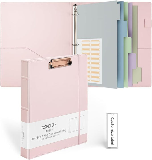 Ospelelf Vintage Hardcover 3 Ring 1 inch Leather Binder, Professional Binder Organizer Suitable for Letter Size, Binder Dividers with Tabs, Clipboard Design, Faux Rose Pink Leather
