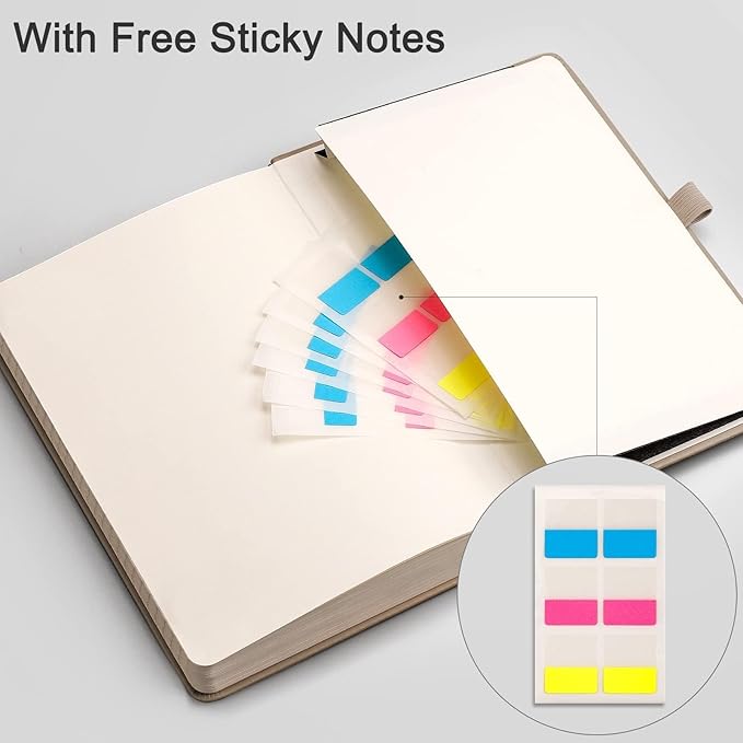 EMSHOI Lined Journaling Notebook - 120gsm Leather Journal with Sticky Notes & 256 Numbered Pages, A5 Hardcover College Ruled Notebook for Work, School, Writing, 5.75”x8.38” - Khaki