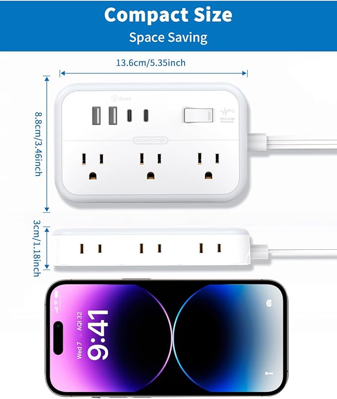 Surge Protector Power Strip with 6 Outlets 4 USB Ports(2USB C), Flat Extension Cord with Multiple Outlets, 1080 Joules, 5 ft Flat Plug Outlet Extender for Indoor, Office Supplies, Dorm Room Essentials
