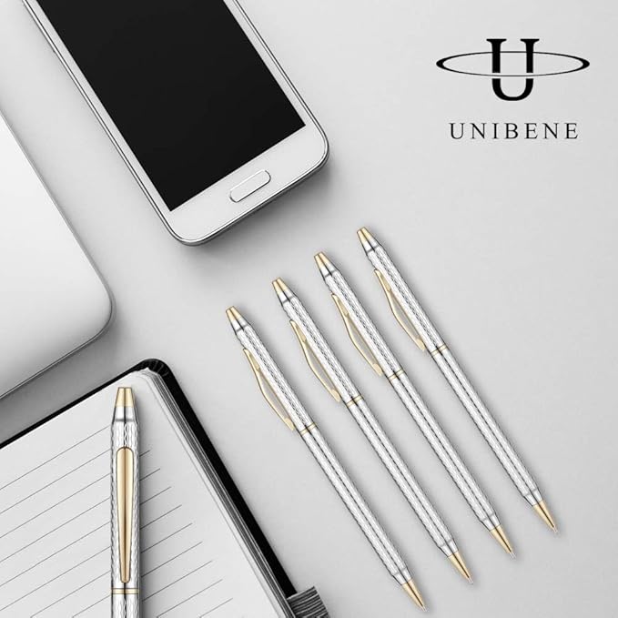 Unibene Slim Metallic Retractable Ballpoint Pens - Carved Chrome & Gold, Nice Gift for Business Office Students Teachers Wedding Christmas, Medium Point(1 mm) 6 Pack-Black ink