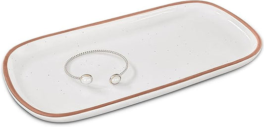 Mora Ceramic Decorative Tray - Rectangle 10in Dish for Jewelry, Soap Dispenser, Perfume, Makeup, Accessories, Candle, in The Bathroom Vanity, Bedside, or Kitchen Counter. Cute Organizers - White