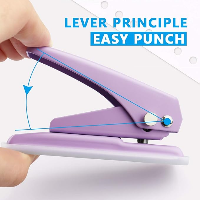 Single Hole Puncher Handheld 1/4 Inches Hole Punch, 20 Sheet Paper Punch Capacity Metal Hole Puncher with Skid-Resistant Base for Paper, Chipboard, Art Project, Purple