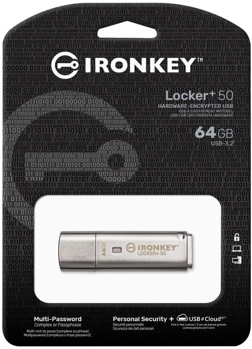 Kingston Ironkey Locker+ 50 64GB Encrypted USB Flash Drive | USB 3.2 Gen 1 | XTS-AES Protection & TAA Compliant | Multi-Password Security Options | Automatic Cloud Backup | Metal Casing | IKLP50/64GB