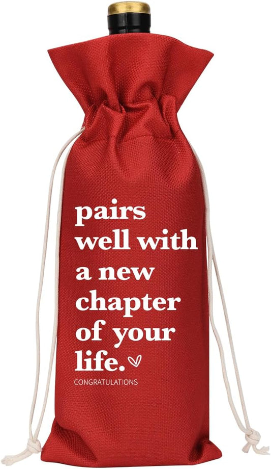 XFW Red Funny New Chapter Wine Bag New Beginnings Gifts for Women Men Farewell Gifts for Friends Going Away Gifts for Coworkers Women Men Moving Away Gifts for Friends New Teacher Gifts