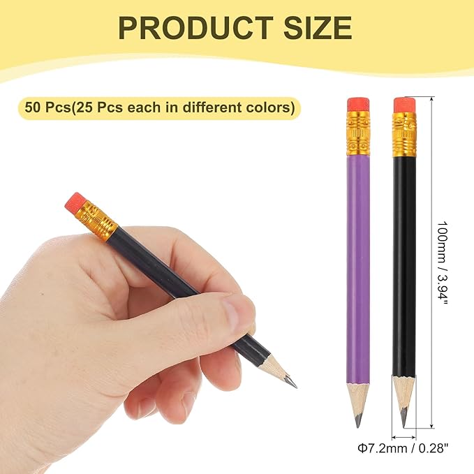 MECCANIXITY Golf Pencils with Erasers, 4" HB Mini Half Pencils Pre Sharpened Small Pens for Wedding Bridal Shower Game Office Writing Drawing(Purple/Black, Pack of 50)