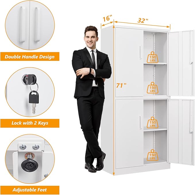 STANI Metal Storage Cabinet, Locking Steel Cabinet With 4 Doors and 2 Adjustable Shelves, 71" Lockable File Cabinet for Home Office, Garage, School (White)