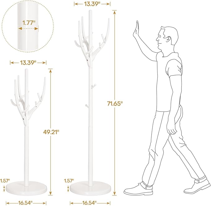 Coat Rack Freestanding, Wooden Coat Rack Stand with 16.5" Round Base, Tree Branch-look, 72" Coat Tree Standing Heavy Duty Clothes Hanger with 12 Hooks for Corner Entryway, White
