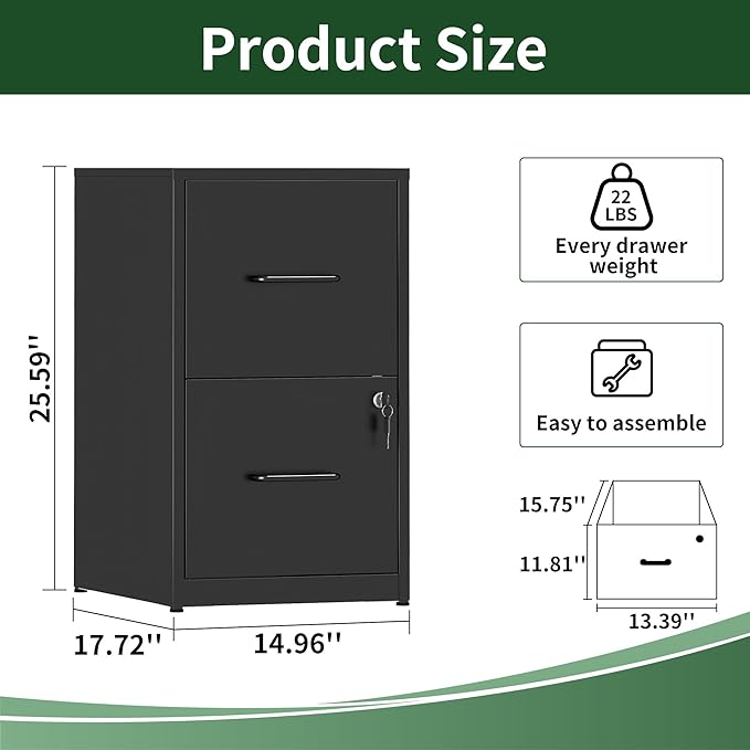 2 Drawer File Cabinet with Lock, Vertical File Cabinet with Lock, Locking File Cabinet Hanging Files for A4/ Legal/Letter,Black