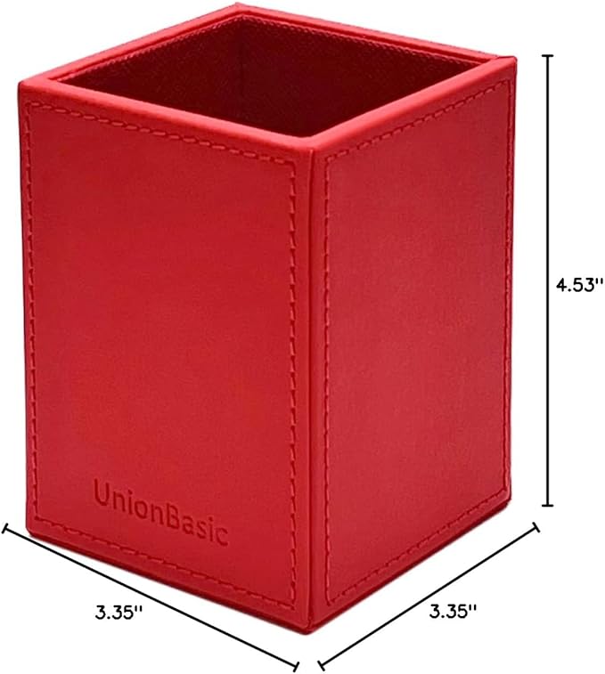 UnionBasic Square Pen Holder, Leather Pencil Cup, Desktop Caddy Stationery Organizer, Red