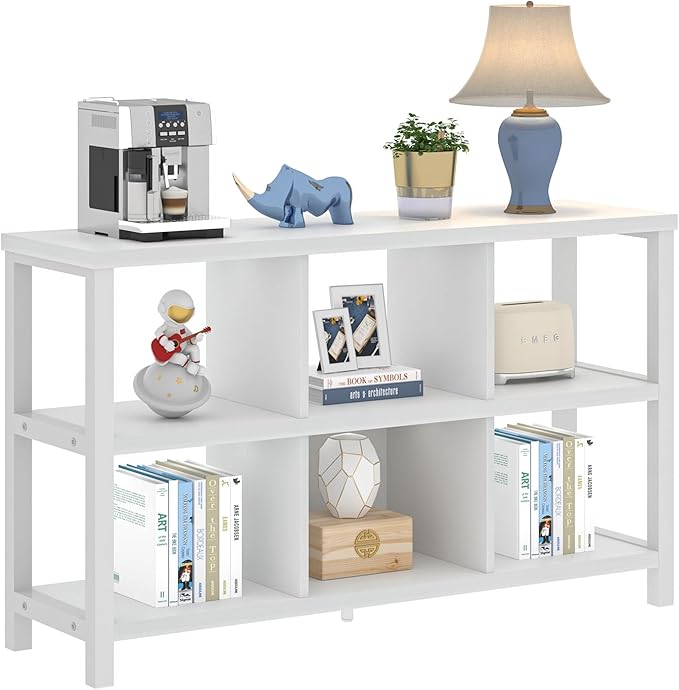 FOLUBAN Horizontal Bookshelf, 6 Cube Storage Organizer with Shelf, Modern Wood and Metal Cubby Bookcase for Bedroom Living Room, White Oak, 47 Inch