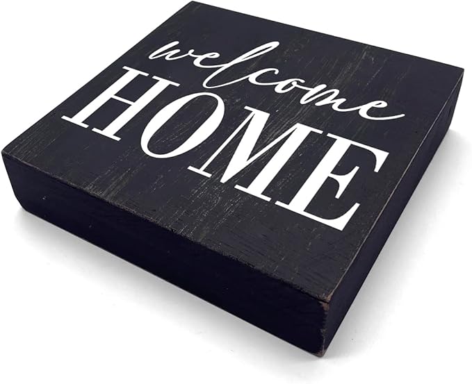 HTBIG Welcome Home Sign Home Decor Desk Decor Wooden Box Sign Rustic Black Wood Block Plaque Box Sign for Women Family Friends Farmhouse Living Room Kitchen Bedroom Shelf Table Decoration