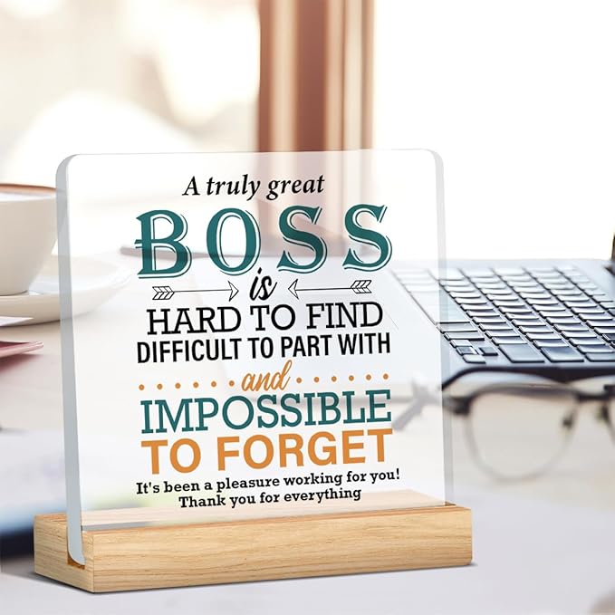 Zauly Best Boss Gifts, Acrylic Desk Sign Decor, 4 x 4 Inches, Modern, White, Brown, Inspirational