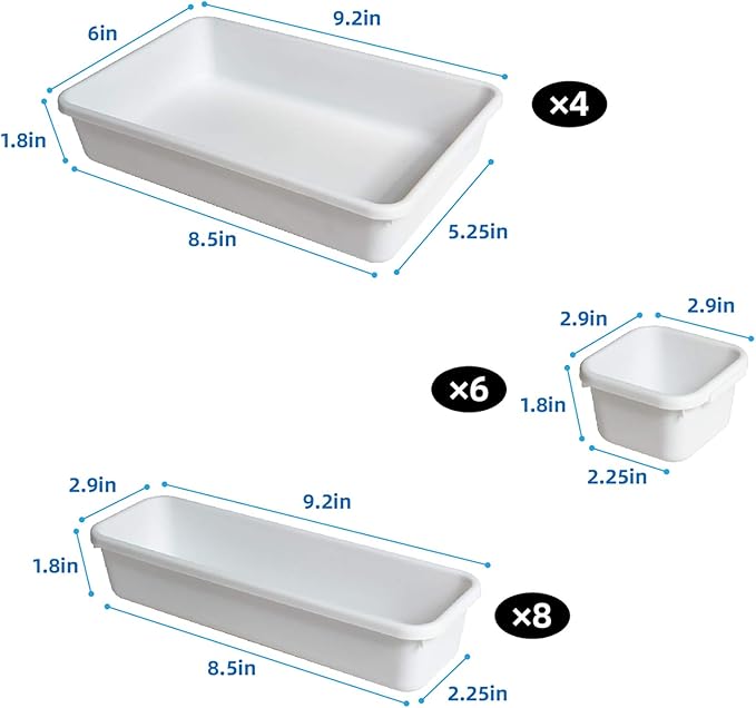 BYCY 18 Pcs White Drawer Organizers Trays Set Drawer Dividers for Kitchen Office Bathroom, Interlocking Bin Pack (18 Pieces)