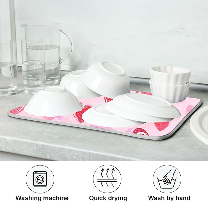 Happy Valentines Day Hearts Dish Drying Mat 16 X 18 Inch Stars Romantic Red Pink Glitter Love Heart Dry Dishes Pads Drainer Mats Tableware Protector for Home Kitchen Countertops Counter Decorations