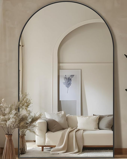 Full Length Mirror, 72"x44" Oversized Floor Mirror Freestanding, Full Body Mirror Floor Standing Mirrors with Stand, Hanging Mounted Mirrors for Bedroom Living Room, Black, Arched Style