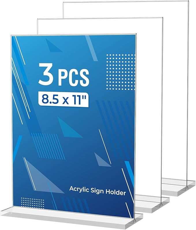 3 Pack Acrylic Sign Holder 8.5 x 11 Inches, Clear Menu Stand, Vertical Flyer Display, Table Paper Holder, Desk Brochure, Plastic Sign Display for Restaurants, Office, Store