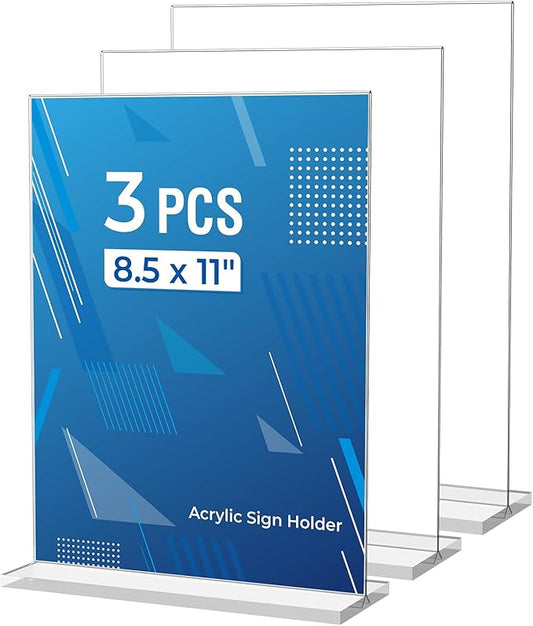 3 Pack Acrylic Sign Holder 8.5 x 11 Inches, Clear Menu Stand, Vertical Flyer Display, Table Paper Holder, Desk Brochure, Plastic Sign Display for Restaurants, Office, Store