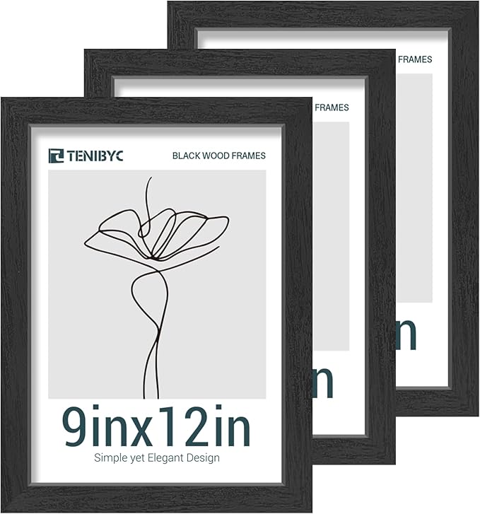 9x12 Picture Frames Set - 3 Pack - Black Solid Wood Poster Frame - Tempered Glass - Exclusive Woodgrain - Rooms, Offices, Gallery, Studio, and Hallway, Wall Display Decor