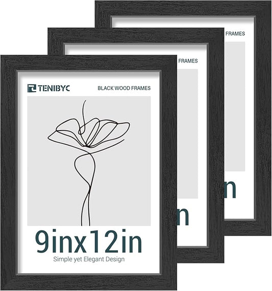 9x12 Picture Frames Set - 3 Pack - Black Solid Wood Poster Frame - Tempered Glass - Exclusive Woodgrain - Rooms, Offices, Gallery, Studio, and Hallway, Wall Display Decor