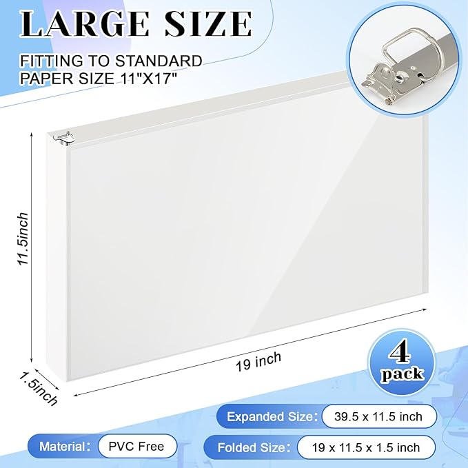 4 Pcs 11 x 17 Inch View Binders 1 Inch 3 Rings Slant Heavy Duty View D Ring Binders Economy Holds 11" x 17" Paper for Artwork Blueprints, Office, Home, Work Places (White)