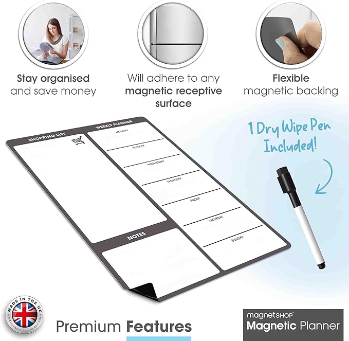 MagnetShop Magnetic Dry Erase White Board Planner for Fridge | Apartment Essentials and Home Organization Must Have | Family Planning, Grocery List, Whiteboard Calendar, Chore Chart | Grey 12" x 16"