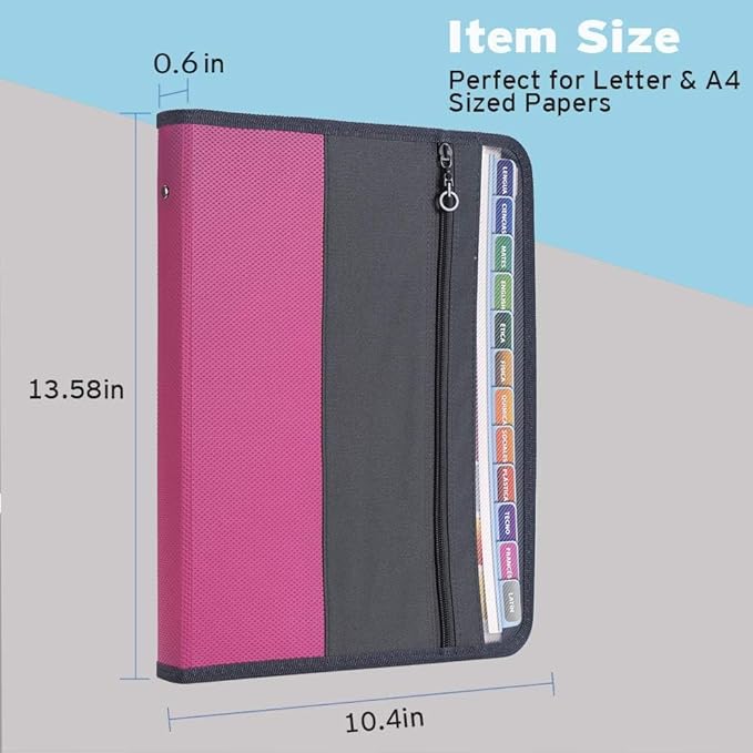 Sooez Accordion File Organizer with Safe Zipper, 12 Pocket Expanding File Folder with Front Pencil Pouch, Portable Monthly Paper Bill Tax Receipt Organizer, School Office Supplies, Letter Size, Pink