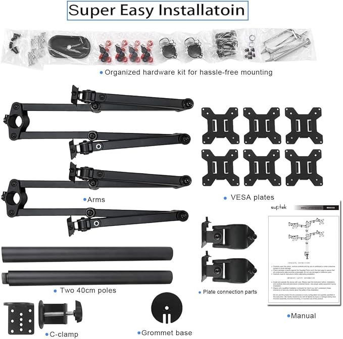 Suptek Hex LED LCD Monitor Stand up Desk Mount Extra Tall 31.5 inch Pole Heavy Duty Fully Adjustable Stand for 6 / Six Screens up to 27 inch (MD68126)