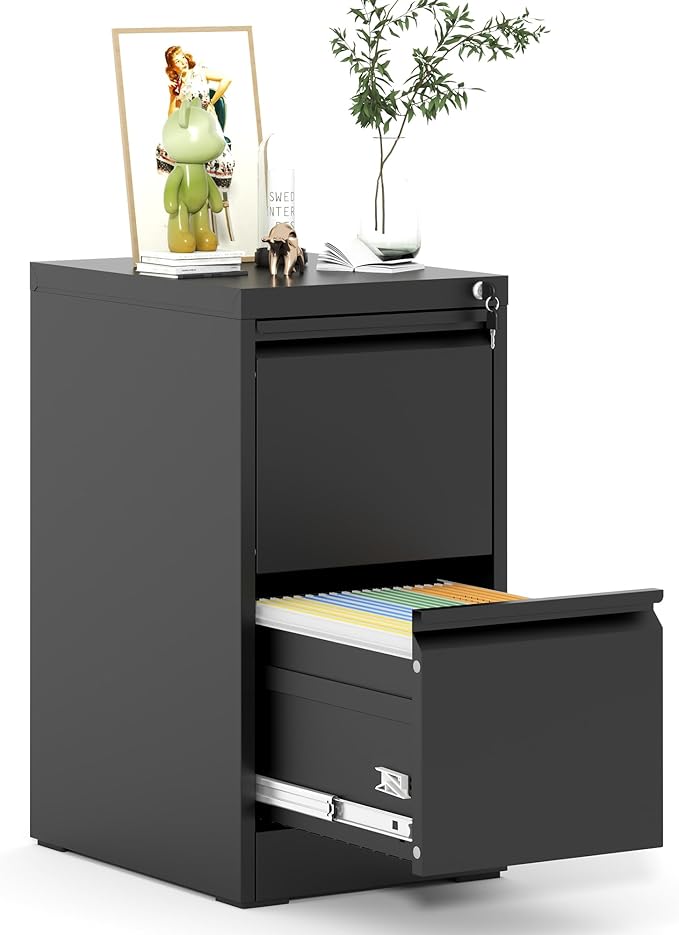 2 Drawer File Cabinet, Metal Vertical Filing Cabinet for Home Office, Locking Steel Easy Assemble 18" D File Cabinets for Legal/Letter/A4/F4 (Black)