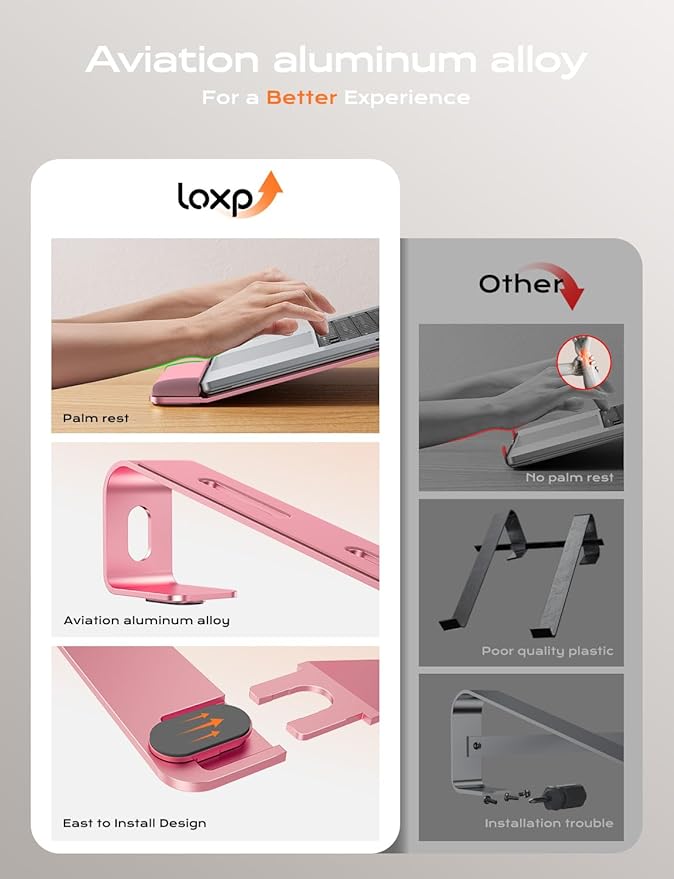 Laptop Stand for Desk, Laptop Stand with Wrist Support, Ergonomic Detachable Laptop Riser, Mount, Holder Notebook Computer Stand for MacBook Air Pro, HP, Dell, XPS, HP (10-17") Laptops - Pink