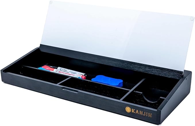 Dry Erase Desk Organizer - 16.2"x6.7"x2" with 3 Markers and 1 Eraser, KAHJIN Black Bamboo Desktop Dry Erase Board - Aesthetic Small Whiteboard for Desk Accessories at Home, Office, Cubicle, or School