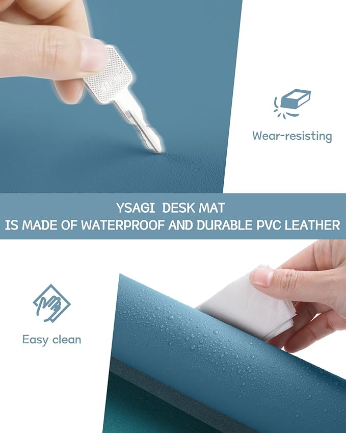 YSAGi Non-Slip Leather Desk Pad L Size, Waterproof Laptop Computer Desk Keyboard Mat, Table Protector Blotter Mat, Large Mouse Pad for Office/Work/Home/Decor(Blue, 35.4" x 17")