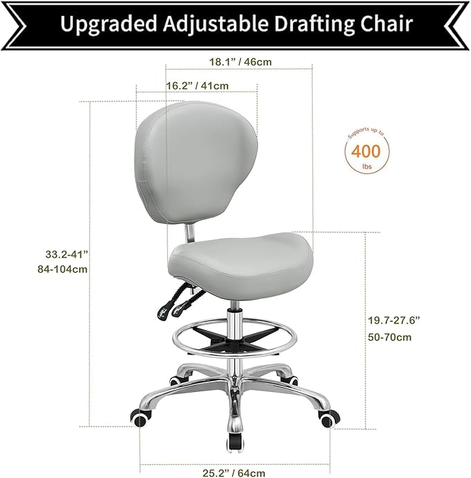 Kaleurrier Adjustable Stools Drafting Chair with Backrest & Foot Rest Tilt Back Swivel Seat Rolling Wheels for Studio Dental Office Salon and Counter Armless Tall Home Desk Chairs (Grey)