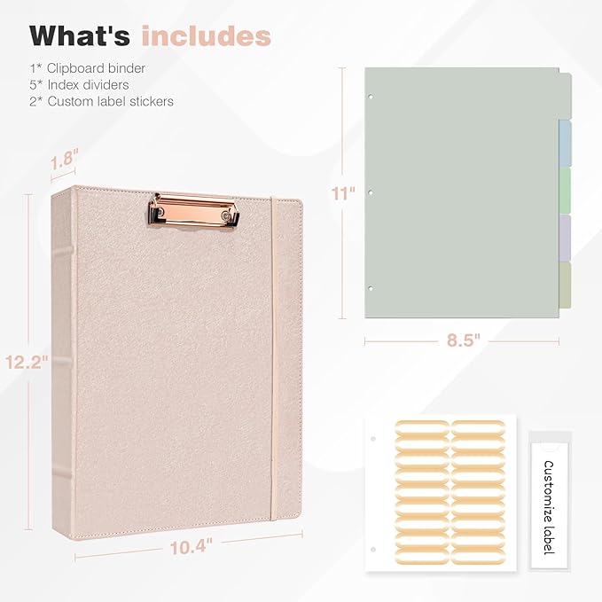Ospelelf 3 Ring Binder with Clipboard, 1 Inch Leather, Letter Size (8.5" x 11"), Clipboard Binder with 5 Tab Dividers, Rose Gold