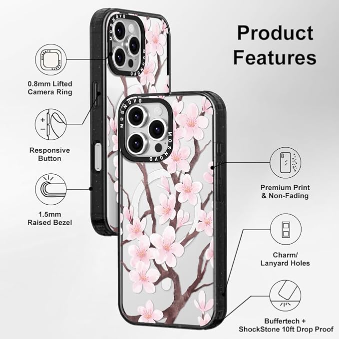 MOSNOVO Magnetic Case for iPhone 16 Pro Max, 10ft Military-Grade Protection, Compatible with Magsafe, Shockproof Phone Case for iPhone 16 Pro Max - Cherry Blossom - Clear Black