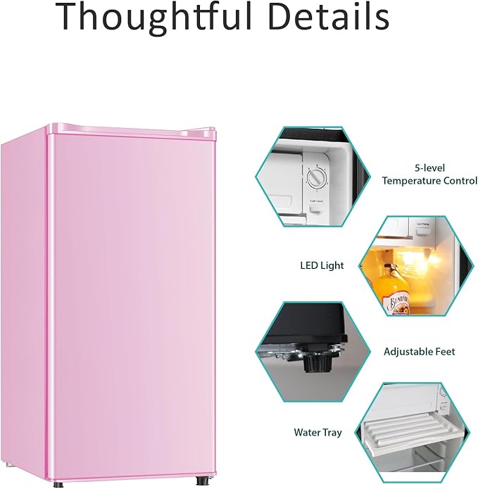 Seaoola Mini Fridge with Freezer, Single Door 3.1 Cu.Ft, Compact Mini Refrigerator, LED Light, Adjustable Thermostat, Removable Glass Shelves, Small Refrigerator for Dorm/Office/Bedroom(Pink)