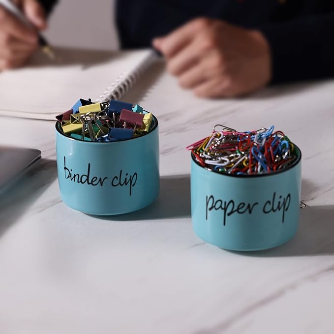 ONTUBE Ceramic Paper Clip Holder and Binder Clip Holder Set Dispenser Organizer for Desk (Turquoise)