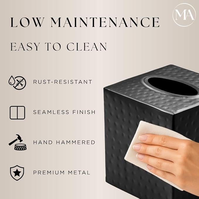 Monarch Abode Hand Hammered Tissue Box Cover Square, Matte Black Tissue Holder for Bathroom, Square Metal Dresser Accessories, Decorative Tissue Box Holder, Matte Black Handcrafted Tissue Cover