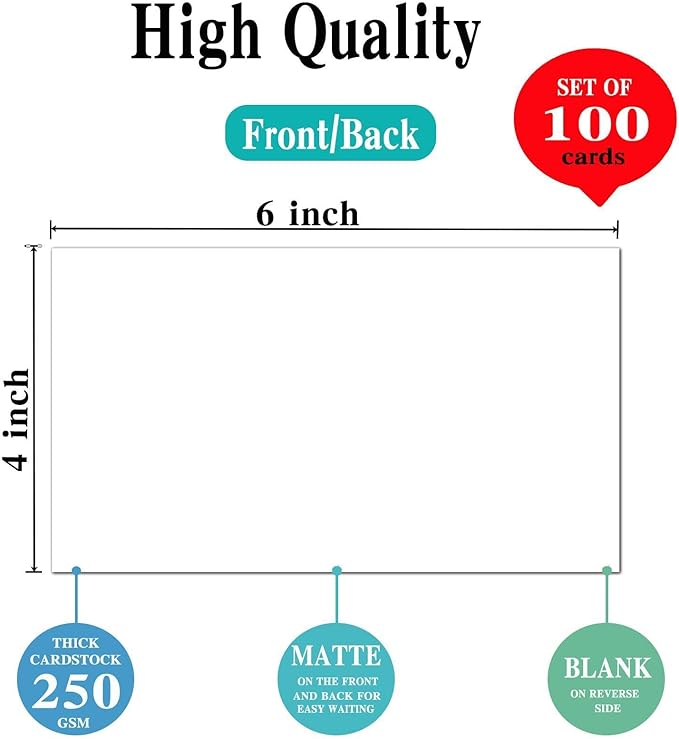 4x6 Blank White Cardstock (Set of 100) - Card Stock for Printer Postcards, Photo Paper Invitations, Greeting, Note, Thank You, DIY Making, Index Cards - Plain for Writing, Stamping, Printing, Art