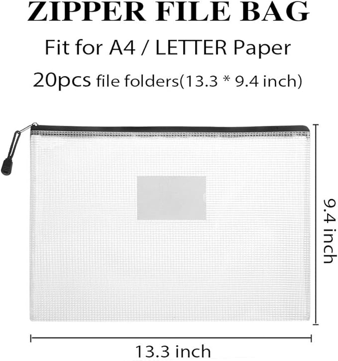 Sooez 20 Pack Mesh Zipper Pouch with Label Pocket, Plastic Zip File Folders, Letter Size A4 Zipper Document Bag for Teacher School Office Supplies, Classroom Organization, Board Game Storage，Black