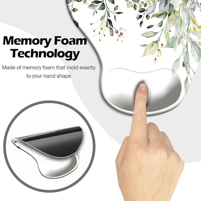 Ergonomic Mouse Pad with Wrist Support and Coaster,Mouse Pads with Non-Slip PU Base for Home Office Working Studying Easy Typing & Pain Relief Watercolor Leaves