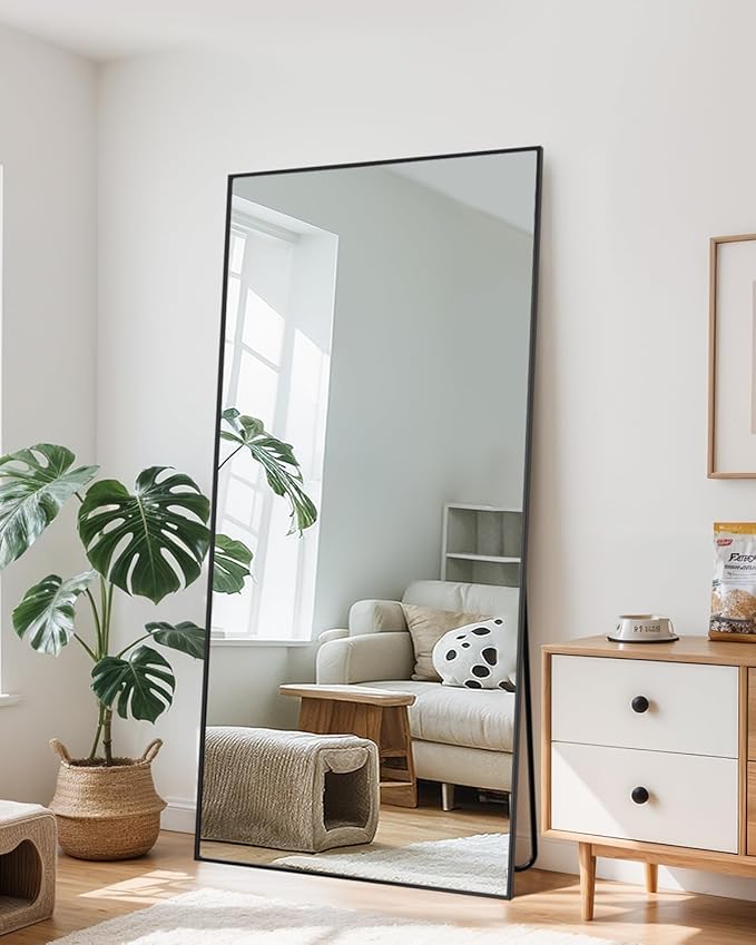 Full Length Mirror, 71"x26" Oversized Floor Mirror Freestanding, Full Body Mirror Floor Standing Mirrors with Stand, Hanging Mounted Mirrors for Bedroom Living Room, Black, Rect Style
