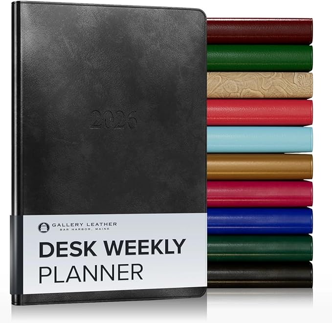 Gallery Leather Desk Weekly Monthly Planner 2025-2026, Elegantly Bound Calendar Planner and Notebook with Stylish Gold-Gilded Page Edges, 12 Months - Acadia Black - 8 x 5.5 "