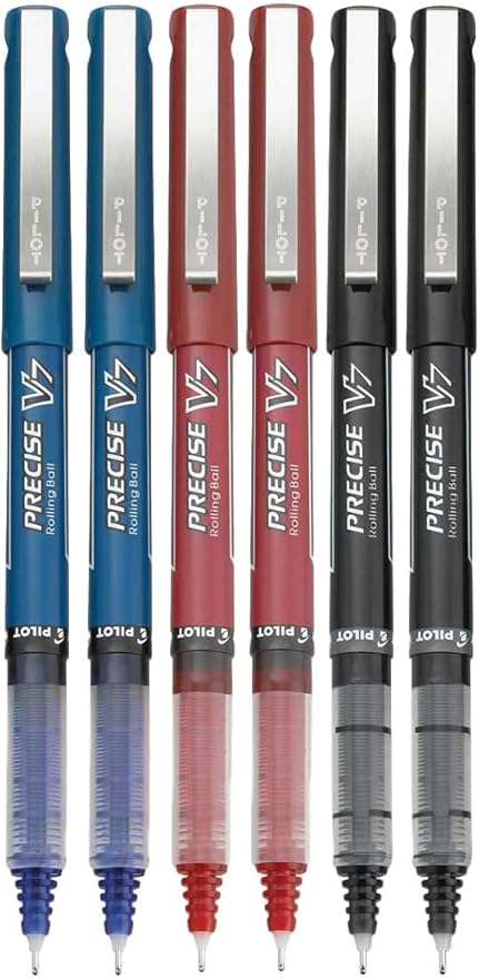 Precise V7 Stick Rolling Ball Pens, Fine Point (.7mm), Assorted Colors Black/Blue/Red Ink, 6-pk; Bundle with Plastic Reusable Pouch