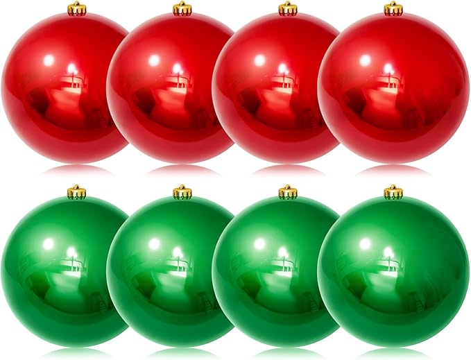 8 Pcs Christmas Ball Ornaments 8 Inch UV Resistant and Waterproof Shatterproof Shiny Plastic Christmas Tree Hanging Ornaments Decoration for Indoor Outdoor Holiday Party(Red, Green)