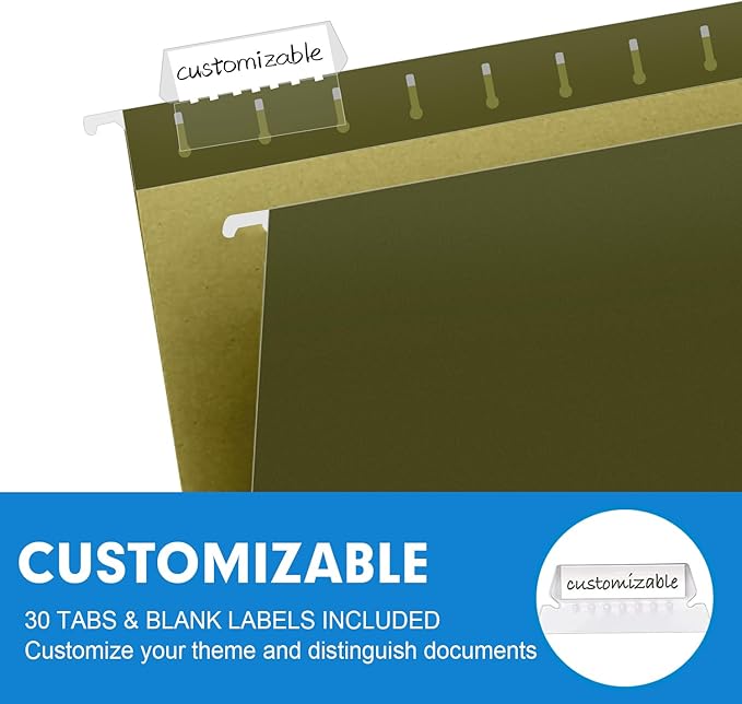 Extra Capacity Hanging File Folders, RAZCC 30 Pack Letter Size Reinforced Hanging Folders with Heavy Duty 2 Inch Expansion for Bulky Files, Filing Cabinet, Adjustable Tabs, Green