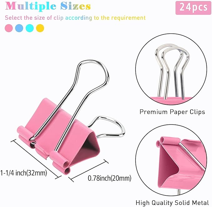 Medium Binder Clips, 24 Pack, 1-1/4 Inch, 1.25 Inch, Standard 32mm, Colorful, Capacity 0.6 Inch, Metal Paper Clips, Fold Clamp, Office Clips, School & Home Use