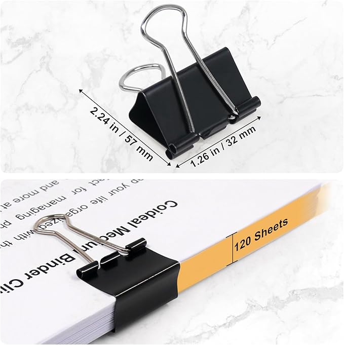 Coideal Black Binder Clips Medium, 1.25 Inch Black Metal Paper Clips 24 Pcs 32mm Foldback Bull Clip Clamps for Office School (1 1/4 Inch)